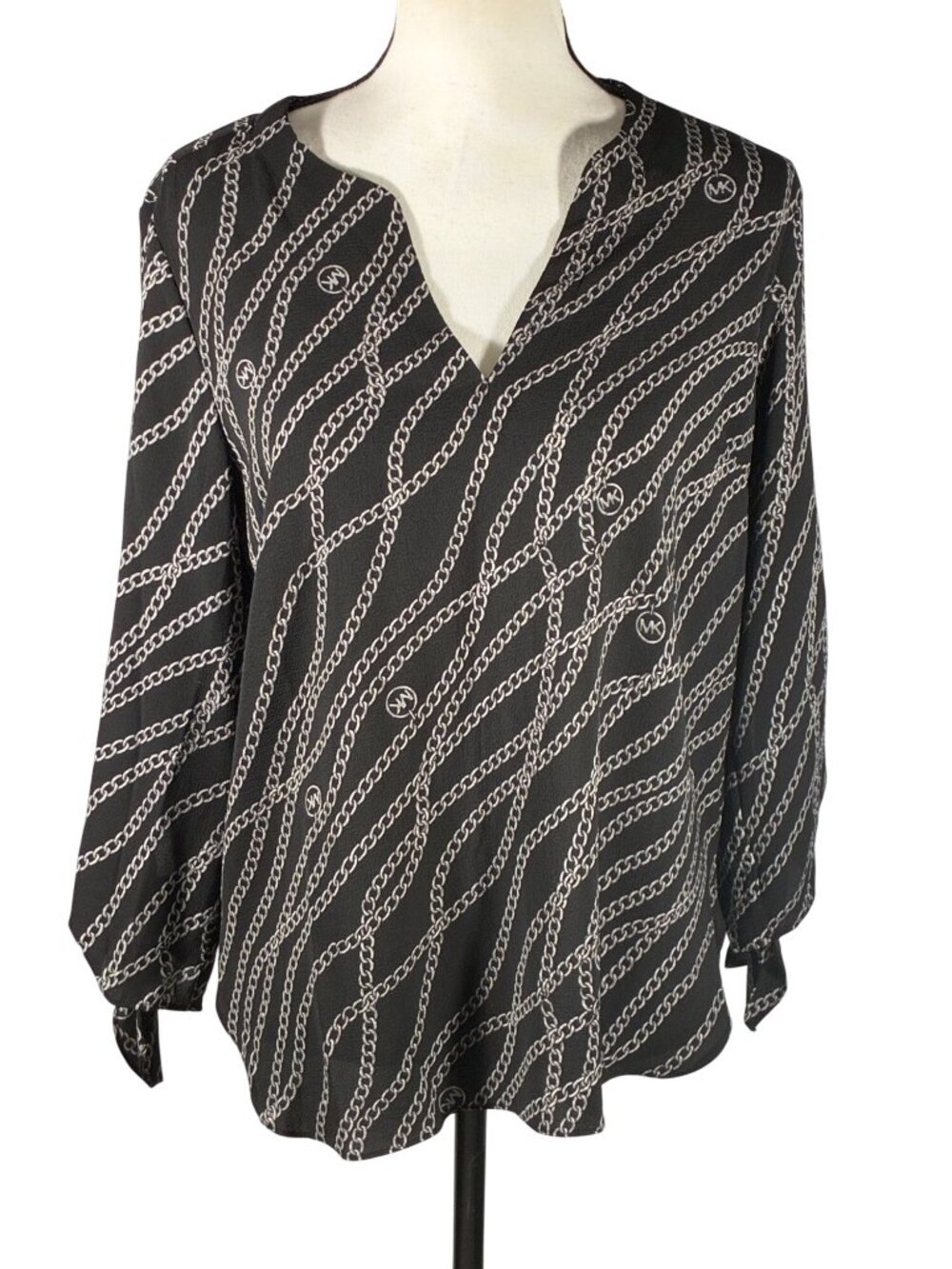 Michael Kors Black & Silver Chain Print V-Neck Blouse With Tie Sleeves Size M bu